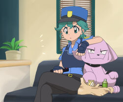Rule 34 | 1girl, arm on another&#039;s head, bag, belt, black belt, black gloves, black pants, black vest, blue hat, blue shirt, bottle, closed mouth, collared shirt, controller, creatures (company), crossed legs, enohito, eyelashes, fingerless gloves, food, game freak, gen 2 pokemon, gloves, granbull, green eyes, grocery bag, hat, holding, holding remote control, indoors, jenny (pokemon), nintendo, pants, plant, pokemon, pokemon (anime), pokemon (creature), police, police uniform, potted plant, remote control, sandwich, shirt, shopping bag, uniform, vest, window blinds