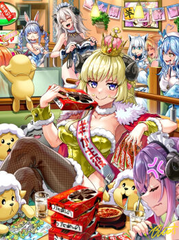 6+girls ahoge anger_vein animal_ear_piercing animal_ears black_leotard blonde_hair blue_hair blue_leotard braid breasts buru-dai cape cleavage closed_eyes closed_mouth commentary_request crown double-parted_bangs drooling fishnet_thighhighs fishnets food food_on_face fork fox_girl fur-trimmed_cape fur-trimmed_jacket fur-trimmed_thighhighs fur-trimmed_wrist_cuffs fur_collar fur_trim gold_leotard grey_hair hair_between_eyes half_up_braid highleg highleg_leotard holding holding_fork holding_tray hololive horns indoors jacket kiryu_coco large_breasts leotard lion_ears lion_tail long_hair long_sidelocks looking_at_viewer maid_headdress multicolored_hair multiple_girls open_mouth purple_eyes purple_hair rabbit_ears rabbit_girl rabbit_tail red_cape restaurant sheep_ears sheep_girl sheep_horns shirakami_fubuki shirakami_fubuki_(1st_costume) shiranui_flare shiranui_flare_(1st_costume) shishiro_botan sidelocks smile ssrb_(shishiro_botan) strapless strapless_leotard tail thighhighs tokoyami_towa tray tsunomaki_watame twin_braids two-tone_hair two_side_up usada_pekora very_long_hair virtual_youtuber watamate wavy_mouth white_hair wrist_cuffs yukihana_lamy yukihana_lamy_(1st_costume)