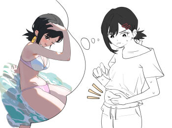 1girl ;d absurdres bikini black_eyes black_hair breasts chainsaw_man earrings grabbing_own_stomach hair_ornament hairclip higashiyama_kobeni highres imagining jewelry large_breasts moti1250 navel one_eye_closed open_mouth pants pink_bikini shirt smile speech_bubble sweat swimsuit thought_bubble water white_bikini