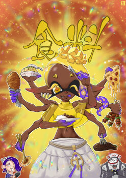Rule 34 | 1boy, 2girls, ;q, arm up, asymmetrical hair, big man (splatoon), blonde hair, blue hair, blue shawl, breasts, chicken (food), chicken leg, chopsticks, closed mouth, colored skin, colored tongue, commentary request, cowboy shot, crop top, dark-skinned female, dark skin, drooling, earrings, extra arms, eyelashes, fang, fang out, food, food-themed hair ornament, forehead, fork, frye (deep cut outfit) (splatoon), frye (splatoon), gradient hair, hachimaki, hair ornament, handheld game console, harem pants, headband, hokkamuri, holding, holding chopsticks, holding food, holding fork, holding handheld game console, holding pizza, holding plate, holding shovel, holding spoon, inkling, jewelry, licking lips, long hair, looking at viewer, manta ray, medium breasts, midriff, multicolored hair, multicolored skin, multiple earrings, multiple girls, namuro, navel, nejiri hachimaki, nintendo, nintendo switch, octoling, one eye closed, orange background, outline, pants, pizza, pizza slice, plate, pointy ears, purple hair, purple skin, purple tongue, rice, shawl, shirt, shish kebab, shiver (deep cut outfit) (splatoon), shiver (splatoon), shovel, skewer, sleeveless, sleeveless shirt, sleeveless turtleneck, smile, splatoon (series), splatoon 3, spoon, star-shaped pupils, star (symbol), stomach, symbol-shaped pupils, tentacle hair, tongue, tongue out, turtleneck, white outline, white pants, yellow background, yellow eyes, yellow shawl, yellow shirt