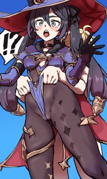 !? 1boy 1girl absurdres aether_(genshin_impact) asymmetrical_bangs between_labia black_gloves black_hair black_pantyhose blonde_hair blue_background blue_leotard blue_sleeves breasts commentary detached_sleeves elbow_gloves frontal_wedgie genshin_impact giving_wedgie gloves green_eyes hat hetero highres jewelry leotard long_hair medium_breasts mona_(genshin_impact) open_mouth pantyhose partially_visible_vulva ry_(mmm_st_bbb2) surprised thighlet twintails wedgie witch_hat