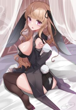 1girl animal_ears ass bed_sheet black_leotard black_ribbon black_thighhighs breasts brown_hair commentary_request commission fake_tail fingernails hair_ribbon highres large_breasts leotard looking_at_viewer nail_polish no_shoes original playboy_bunny purple_eyes purple_nails rabbit_ears rabbit_tail ribbon rokugatsu_shigure sideboob skeb_commission solo tail thighhighs