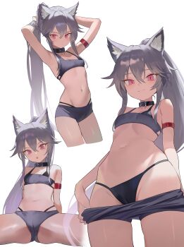 1girl absurdres animal_ears arm_strap armpits arms_behind_head arms_up bare_shoulders black_choker black_hair black_panties black_shirt black_shorts breasts brown_kemomimi-chan_(krr) cameltoe choker closed_mouth clothes_pull commission crop_top cropped_legs dungeon_and_fighter fox_ears hair_between_eyes highres long_hair looking_at_viewer micro_shorts midriff multiple_views navel nbee_ya open_mouth original panties ponytail pulling_own_clothes red_eyes shirt shorts shorts_pull simple_background sleeveless sleeveless_shirt slit_pupils small_breasts smile spread_legs stomach string_panties thighs underwear white_background