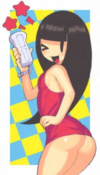 1girl ass black_hair blush breasts butt_crack character_request checkered_background controller dress game_controller hand_on_own_hip highres inkerton-kun long_hair looking_at_viewer minna_no_rhythm_tengoku mob_face no_panties one_eye_closed red_dress rhythm_tengoku small_breasts smile star_(symbol) thighs wii_remote