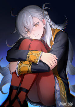 1girl absurdres ahoge ascot blush braid closed_mouth commentary fate/grand_order fate_(series) full_body hair_between_eyes highres hugging_own_legs knees_to_chest knees_up legs_together long_hair long_sleeves looking_at_viewer mroaridnryed_alter olga_marie_animusphere orange_eyes orange_pantyhose pantyhose red_ascot shoes side_braid sitting skirt smile solo white_hair