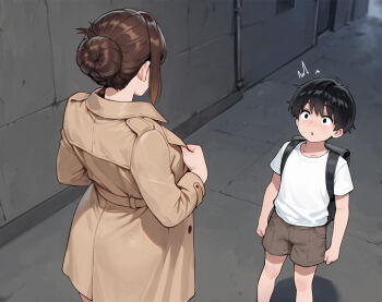 1boy 1girl age_difference alley bag bibita_(zee_s) black_eyes black_hair blush brown_hair clothes_pull coat exhibitionism flashing hair_bun highres onee-shota open_mouth original public_indecency pulling_own_clothes school_bag short_hair standing trench_coat undressing