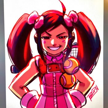 Rule 34 | 1girl, ahoge, bad id, bad twitter id, ball, blush stickers, bow, brown hair, capcom, dress, female focus, flat chest, hair bow, hands on own hips, justice gakuen, karuizawa momo, moero! justice gakuen, racket, robaato, solo, striped, tennis ball, tennis racket, twintails, vertical stripes