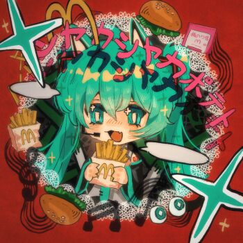 aqua_eyes aqua_hair aqua_necktie blush burger chibi commentary_request fang food french_fries hatsune_miku headset highres lettuce mcdonald&#039;s musical_note musical_staff necktie open_mouth skin_fang tie_clip treble_clef twintails vocaloid zhao_kinoe