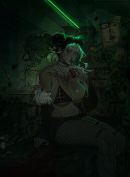 1girl alternate_breast_size_(larger) alternate_costume arm_tattoo asymmetrical_bangs bandaid bandaid_on_leg bikini bikini_top_only black_bikini black_choker black_hair black_jacket black_nails black_shorts blood blood_on_hands blood_splatter breasts broken_mirror cellphone chest_tattoo choker cigarette cleavage collarbone commentary commission dark different_reflection double double_bun earrings english_commentary fingernails fishnet_pantyhose fishnets fur-trimmed_jacket fur_trim graffiti hair_bun highres huge_breasts indoors jacket jewelry jojo_no_kimyou_na_bouken kuujou_jolyne looking_at_viewer makeup me0wma0 mirror multicolored_hair navel neck_tattoo neon_lights off_shoulder pantyhose phone piercing poster_(object) red_lips reflection short_shorts shorts sitting smartphone solo stone_ocean strap_gap sweat swimsuit tattoo two-tone_hair underboob white_hair