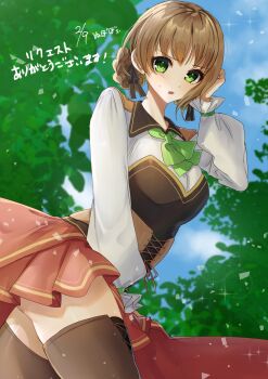 Rule 34 | 1girl, blue sky, blurry, blurry background, blush, boots, breasts, brown hair, canopy (forest), clothes lift, commentary request, corset, dated, double bun, dress, dress lift, duvalie, eiyuu densetsu, embarrassed, green eyes, green neckerchief, hair bun, highres, large breasts, long sleeves, looking at viewer, neckerchief, nu bo bo o, open mouth, outdoors, puffy long sleeves, puffy sleeves, sen no kiseki, sen no kiseki (series), sen no kiseki iv, short hair, sky, solo, sparkle, thigh boots, translation request, upper body