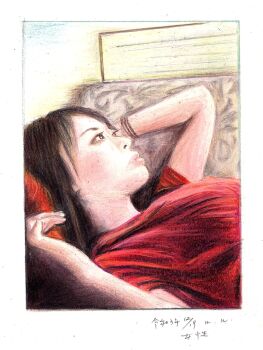 1girl absurdres baden_hiroshi black_hair border closed_mouth colored_pencil_(medium) commentary_request expressionless hands_up highres lying making-of_available on_back original red_shirt shirt short_sleeves solo traditional_media upper_body white_border