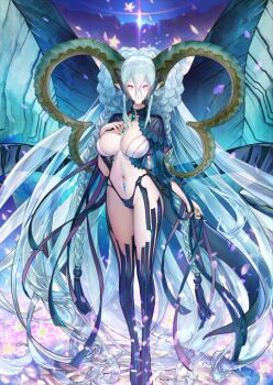 1girl absurdly_long_hair aqua_nails arm_at_side black_panties black_shrug blue_hair blue_tattoo bra braid breasts bright_pupils closed_mouth expressionless fate/grand_order fate_(series) floating_hair full_body game_cg groin hair_between_eyes hand_on_own_chest hand_up highleg highleg_panties huge_horns large_breasts long_hair long_hair_between_eyes long_sidelocks long_sleeves looking_at_viewer navel official_art panties pink_eyes pointy_ears pubic_tattoo shrug_(clothing) sidelocks solo standing stomach symbol-shaped_pupils tail tassel tattoo third-party_source tiamat_(fate) tiamat_(third_ascension)_(fate/grand_order) underwear very_long_hair white_bra white_pupils x-shaped_pupils yamanaka_kotetsu