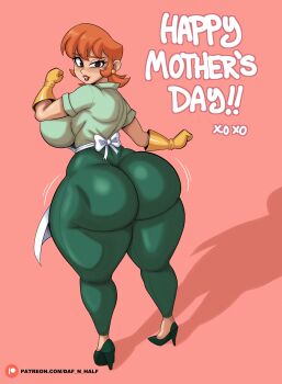 1girl absurdres apron artist_name ass cartoon_network daf_n_half dexter&#039;s_laboratory dexter&#039;s_mom earrings english_text full_body gloves green_pants green_shirt high_heels highres huge_ass jewelry looking_back mature_female mother&#039;s_day orange_hair pants patreon_logo patreon_username pink_background red_lips shirt short_sleeves solo white_apron yellow_gloves