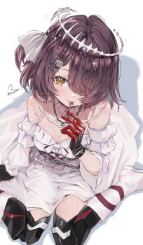 1girl android blush breasts brown_hair candy commentary english_commentary food hair_ornament hair_over_eyes highres hololive lollipop long_hair looking_at_viewer mixed-language_commentary official_alternate_costume roboco-san short_hair smile solo torokko virtual_youtuber yellow_eyes