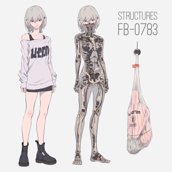 1girl absurdres android bag blonde_hair commentary_request earrings fetal_position full_body green_eyes grey_background highres jewelry joints looking_at_viewer mechabare off_shoulder original robot_joints science_fiction shirt short_hair skeleton solo standing upside-down user_ujsh8484 white_shirt x-ray