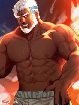 1boy abs absurdres aegir_(housamo) aqua_hair artist_name bara beard black_nails blue_eyes chinstrap_beard cloud cloudy_sky dark-skinned_male dark_skin facial_hair fingernails grin hand_on_own_hip highres large_pectorals long_fingernails looking_at_viewer male_focus male_swimwear mature_male multicolored_hair muscular muscular_male nipples obliques pectorals route_(ealger50703) sharp_fingernails short_hair sky smile solo streaked_hair sunset swim_trunks thick_arms thick_eyebrows tokyo_houkago_summoners topless_male two-tone_hair veins veiny_arms wet white_hair white_male_swimwear