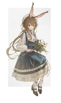 Rule 34 | 1girl, amiya (arknights), animal ear fluff, animal ears, arknights, ascot, black ribbon, blue dress, blue eyes, blue ring, bouquet, bow, brown hair, brown shoes, buttons, character name, chinese commentary, commentary request, dress, flower, footwear bow, frilled socks, frills, full body, hair between eyes, hat, highres, holding, holding bouquet, invisible chair, jewelry, lace, lace-trimmed dress, lace trim, linfi-muu, long dress, long hair, long sleeves, looking at viewer, multiple rings, puffy long sleeves, puffy sleeves, rabbit ears, ribbon, ring, shirt, shoes, sitting, smile, socks, solo, white ascot, white hat, white shirt, white socks