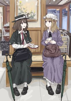 2girls :d absurdres asymmetrical_hair black_capelet black_hat black_ribbon black_shoes blonde_hair bow brown_eyes brown_hair capelet closed_mouth collared_dress collared_shirt commentary_request contrast_collar dress food food_request full_body hair_bow hat hat_bow highres holding holding_food holding_plate kashiwada_kiiho loafers long_sleeves looking_at_another maribel_hearn medium_hair mob_cap multiple_girls neck_ribbon necktie on_bench open_mouth plate purple_dress purple_eyes red_necktie ribbon ribbon-trimmed_capelet ribbon_trim shirt shoes short_hair sitting smile touhou umbrella usami_renko white_bow white_hat white_shirt
