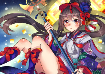 1girl absurdres black_hair blush commentary_request fate/grand_order fate_(series) hair_ornament highres hime_cut holding holding_staff magical_girl miyu_edelfelt miyu_edelfelt_(third_ascension) open_mouth red_eyes red_ribbon red_skirt ribbon sadi_eve sakatsuki_miyu skirt staff tassel thighs