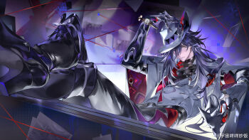 Rule 34 | 1boy, absurdres, ashveil (honkai: star rail), black boots, black hair, black shirt, blurry, boots, chinese commentary, closed mouth, coat, commentary request, gloves, gradient hair, grey eyes, hair between eyes, hand on headwear, hat, highres, honkai: star rail, honkai (series), jewelry, long sleeves, looking to the side, male focus, mechanical arms, miemiebei, multicolored hair, necklace, one eye closed, pants, shirt, single glove, single mechanical arm, sitting, solo, spotlight, tooth necklace, wavy hair, white gloves