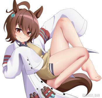 1girl agnes_tachyon_(umamusume) ahoge animal_ears bare_legs barefoot blush brown_eyes brown_hair closed_mouth commentary eyelashes feet full_body hair_between_eyes highres horse_ears horse_girl horse_tail knee_up lab_coat legs long_sleeves looking_at_viewer maozi_dan medium_hair simple_background sleeves_past_fingers sleeves_past_wrists smile solo tail toenails toes twitter_username umamusume white_background