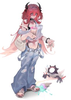 1boy 1girl absurdres arknights bag bare_shoulders belt black_bra black_choker black_horns black_nails black_panties bra bracelet breasts bubble_tea choker commentary_request cup denim drink drinking_glass drinking_straw dropped_food dropping feet food gradient_hair hair_between_eyes highleg highleg_panties highres holding holding_cup horns ice_cream ice_cream_cone jeans jewelry large_breasts long_hair multicolored_hair multiple_rings navel nils orange_hair panties pants red_hair ring sandals shaded_face shirt shoulder_bag slit_pupils stomach surtr's_golem_(arknights) surtr_(arknights) toes torn_clothes torn_jeans torn_pants underwear white_background white_shirt