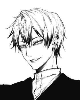 1boy commentary_request ear_piercing earrings greyscale highres japanese_clothes jewelry jujutsu_kaisen looking_at_viewer male_focus monochrome multicolored_hair piercing short_hair simple_background smile solo streaked_hair teeth two-tone_hair white_background xingkon818 zen&#039;in_naoya