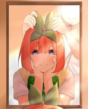 1girl absurdres adjusting_clothes adjusting_headwear aged_down blue_eyes bow bowtie closed_mouth collared_shirt commentary_request different_reflection dual_persona elbow_rest go-toubun_no_hanayome green_bow green_bowtie green_ribbon highres looking_at_mirror looking_at_viewer mirror mojyu_saico multiple_views nakano_yotsuba orange_hair reflection ribbon school_uniform shirt short_hair short_sleeves smile straight_hair sweater_vest upper_body white_shirt yellow_sweater_vest