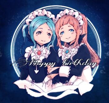 blue_eyes blue_hair closed_mouth commentary_request felicia_(fire_emblem) fire_emblem fire_emblem_fates flora_(fire_emblem) grey_eyes happy_birthday hotate_rayan long_hair looking_at_viewer maid maid_headdress nintendo pink_hair siblings sisters smile twins
