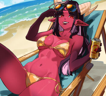 1girl absurdres beach_chair bikini breasts can colored_inner_hair colored_skin commentary demon_girl demon_horns ear_piercing english_commentary eyewear_on_head face_piercing gold_bikini highres holding holding_can horns large_breasts lip_piercing lip_ring long_hair mokimolewds multicolored_hair navel o-ring o-ring_bikini ocean original piercing pink_hair pointy_ears purple_hair red_skin side-tie_bikini_bottom signature smile solo sunglasses swimsuit two-tone_hair