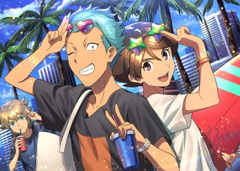 3boys black_shirt blonde_hair blue_eyes blue_hair blue_shirt blue_sky brown_eyes brown_hair building cup disposable_cup dolustoy domon_asuka drinking drinking_straw eyewear_on_head green-tinted_eyewear heart heart-shaped_eyewear highres ichinose_kazuya inazuma_eleven inazuma_eleven_(series) light_blue_hair looking_at_viewer male_focus mark_kruger multiple_boys open_mouth palm_tree pink-tinted_eyewear shirt sky skyline star-shaped_eyewear star_(symbol) sunglasses surfboard tinted_eyewear tree upper_body v watch white_bag white_shirt wristband wristwatch