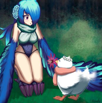 1girl absurdres artist_name bird bird_legs blue_feathers blue_flower blue_hair blue_wings blush breasts commentary duck feather_hair feathers flower gradient_hair gradient_wings hair_flower hair_ornament hair_over_one_eye harpy highres long_hair loto_(myrneko) monster_girl multicolored_hair multicolored_wings myrneko original pink_eyes solo squatting tail tail_wagging talons winged_arms wings