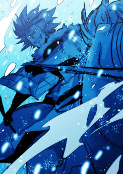 1boy baruka blue_jacket blue_pants blue_skin blue_sky blue_theme clenched_teeth colored_skin crazy crazy_grin elf facial_mark facial_tattoo facing_viewer fang fluffy_hair forehead_mark fur-trimmed_jacket fur_trim furrowed_brow horse horseback_riding jacket looking_down no_pupils pants parka pointy_ears riding sky snow snowing solo_leveling tattoo teeth wab_lev white_eyes