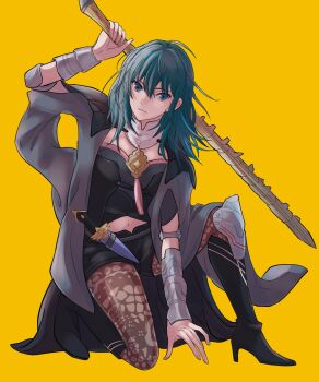 1girl 4ki_ori9 absurdres arm_up black_boots black_cape blue_eyes boots breasts brown_pantyhose cape dagger female_byleth_(fire_emblem) fire_emblem fire_emblem:_three_houses green_hair hair_between_eyes high_heel_boots high_heels highres kneeling knife looking_at_viewer medium_breasts medium_hair nintendo pantyhose pantyhose_under_shorts shorts simple_background solo sword_of_the_creator weapon yellow_background