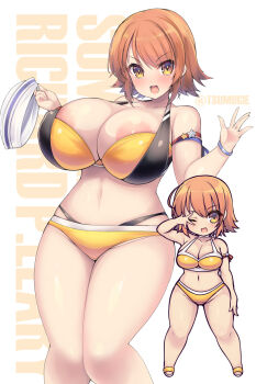 akikaze_tsumuji alternate_breast_size_(larger) areola_slip bikini breasts brown_hair cleavage cowboy_shot full_body hat highres huge_breasts kantai_collection medium_hair navel official_alternate_costume open_mouth orange_eyes richard_p._leary_(kancolle) sailor_hat swimsuit
