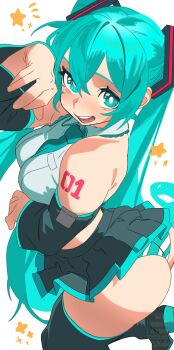 1girl :d alternate_breast_size_(larger) aqua_eyes aqua_hair aqua_necktie aqua_panties arm_tattoo arm_up ass bare_shoulders black_boots black_sleeves boots breasts bright_pupils commentary detached_sleeves from_above from_side hair_between_eyes hair_ornament hatsune_miku highres large_breasts long_hair looking_at_viewer midriff necktie open_mouth panties shirt sleeveless sleeveless_shirt smile solo standing standing_on_one_leg star_(symbol) straight_hair striped_clothes striped_panties tattoo teeth thigh_boots twintails underwear upper_teeth_only very_long_hair vocaloid white_pupils xel4