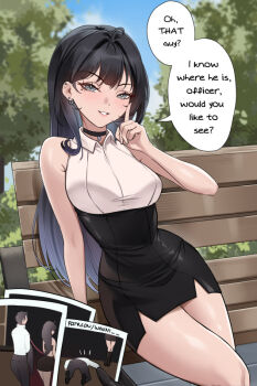 1girl bare_shoulders bench black_dress black_hair black_skirt blush breasts cleavage dress english_text facial_mark heart heart_facial_mark high-waist_skirt large_breasts leash nabi_(wonnikon) outdoors polaroid_photo pov shirt skirt solo_focus speech_bubble white_shirt wonnikon