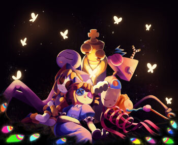 1other 2boys 3girls abstraction_(the_amazing_digital_circus) blue_dress bug butterfly button_eyes buttons chess_piece closed_eyes commentary dark_background dress ears_down english_commentary frilled_dress frills gangle_(the_amazing_digital_circus) glowing_butterfly hat highres insect jax_(the_amazing_digital_circus) jester_cap jester_costume king_(chess) kinger_(the_amazing_digital_circus) littlevioletart looking_at_animal mismatched_eyes multiple_boys multiple_girls overalls pomni_(the_amazing_digital_circus) puffy_short_sleeves puffy_sleeves purple_overalls purple_robe rabbit_boy ragatha_(the_amazing_digital_circus) red_ribbon ribbon robe short_sleeves sleeping the_amazing_digital_circus white_mask zooble_(the_amazing_digital_circus)
