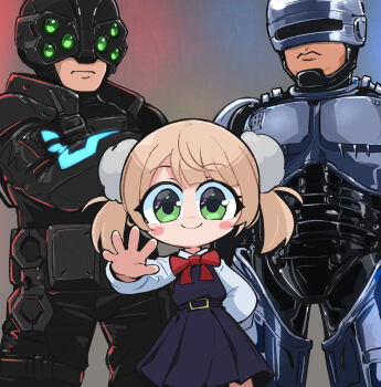 Rule 34 | 1girl, 2boys, arm behind back, blush, bow, bowtie, closed mouth, crossed arms, crossover, cyberpunk (series), cyberpunk 2077, cyborg, dress, green eyes, hair ornament, helmet, highres, indie virtual youtuber, kim crab, light brown hair, multiple boys, pom pom (clothes), pom pom hair ornament, red bow, robocop, robocop (character), shigure ui (vtuber), shigure ui (young) (vtuber), shirt, shukusei!! loli-kami requiem, simple background, smile, twintails, virtual youtuber, white shirt