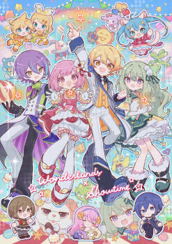 +_+ 4boys 6+girls :3 :d ahoge animal_ears aqua_hair artist_name balloon balloon_animal black_boots black_gloves black_jacket black_pants black_pantyhose black_ribbon black_shirt black_shoes black_skirt blonde_hair blue_background blue_eyes blue_hair blush blush_stickers boots bow bow_hairband bowtie brown_eyes brown_hair bubble_skirt cake cat_ears cat_tail chibi closed_eyes closed_mouth coat collared_shirt commentary crown detached_sleeves double-parted_bangs dress earrings epaulettes fake_animal_ears fake_horns fake_tail fang food gloves green_bow green_bowtie green_hair green_shoes hair_between_eyes hair_bow hair_ornament hairband hatsune_miku heart_balloon highres horn_hairband horns jacket jewelry kagamine_len kagamine_rin kaito_(vocaloid) kamishiro_rui kusanagi_nene layered_skirt long_hair long_sleeves looking_at_another looking_at_viewer low-tied_sidelocks macaron megurine_luka meiko_(vocaloid) msin multicolored_bow multicolored_bowtie multicolored_hair multicolored_pants multiple_boys multiple_girls musical_note neck_ribbon necktie nenerobo ootori_emu open_mouth orange_bow orange_bowtie orange_jacket orange_shoes orange_shorts orange_vest pants pantyhose pink_bow pink_bowtie pink_dress pink_eyes pink_hair pink_shoes project_sekai puffy_shorts purple_bow purple_bowtie purple_eyes purple_hair purple_hairband red_jacket red_shoes ribbon sash sheep sheep_horns shirt shoes short_hair shorts shoulder_sash sidelocks single_blush_sticker single_thighhigh skirt sleeping smile star_(symbol) star_hair_ornament strawberry_cake streaked_hair striped_clothes striped_pantyhose striped_thighhighs striped_vest stuffed_animal stuffed_toy symbol-only_commentary tail tenma_tsukasa thighhighs twintails twitter_username two-tone_hair vest watermark white_bow white_coat white_gloves white_hairband white_necktie white_pants white_skirt white_thighhighs wonderlands_x_showtime_(project_sekai) wonderlands_x_showtime_kaito wonderlands_x_showtime_len wonderlands_x_showtime_luka wonderlands_x_showtime_meiko wonderlands_x_showtime_miku wonderlands_x_showtime_rin yellow_eyes yellow_sleeves