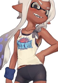 Rule 34 | 1girl, armpits, bare shoulders, bike shorts, black shorts, blush, braid, breasts, collarbone, commentary request, cowboy shot, dark-skinned female, dark skin, eye mask, gradient hair, grey eyes, grey hair, hand on own hip, highres, inkling, inkling girl, inkling player character, long hair, looking at viewer, mask, midriff peek, multicolored hair, nintendo, open mouth, pointy ears, short eyebrows, shorts, single braid, small breasts, smile, solo, splatoon (series), splatoon 3, sports bra, spotted hair, suction cups, sweatband, tank top, tentacle hair, white background, white hair, white tank top, zendoundo