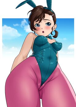 1girl animal_ear_hairband animal_ears blue_eyes blue_sky bow bowtie breasts brown_hair cloud covered_navel fake_animal_ears from_below gegege_no_kitarou green_bow green_bowtie green_leotard hairband highres inuyama_mana leotard matsuda_shin pantyhose playboy_bunny ponytail purple_leotard rabbit_ears short_hair short_ponytail sky small_breasts solo strapless strapless_leotard wedgie