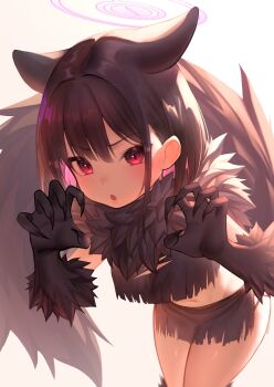 1girl akuma_(st.takuma) animal_ears black_fur black_gloves black_hair black_shirt black_skirt black_tail blue_archive blush cat_ears claw_pose colored_inner_hair commentary extra_ears gloves halo highres kazusa_(blue_archive) kazusa_(halloween)_(blue_archive) leaning_forward medium_hair multicolored_hair navel open_mouth pink_eyes pink_hair pink_halo shirt simple_background skirt solo stomach tail thighs two-tone_hair white_background wolf_tail