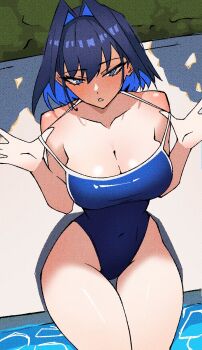 1girl alternate_costume blue_eyes blue_hair blue_one-piece_swimsuit covered_navel hair_intakes hashtag-only_commentary highres hololive hololive_english one-piece_swimsuit ouro_kronii pool poolside ritorugalaxy sitting solo swimsuit virtual_youtuber
