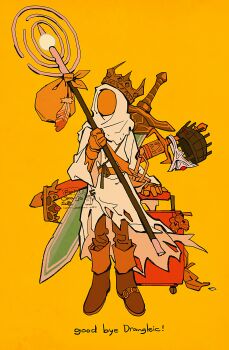 1other ambiguous_gender bearer_of_the_curse bindle boots brown_boots brown_gloves brown_pants crown dark_souls_(series) dark_souls_ii full_body gloves goodbye highres holding holding_staff mask masked okajamira orange_background other_focus pants robe rolling_suitcase solo staff standing suitcase sword sword_on_back weapon weapon_on_back white_hood white_robe