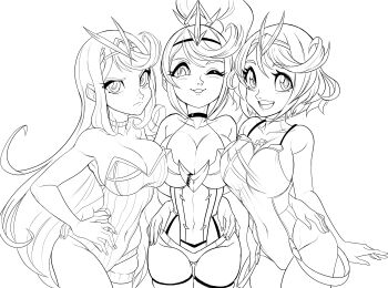 3girls absurdres asymmetrical_docking breast_press breasts circlet cleavage hand_on_another&#039;s_waist hand_on_own_hip highres large_breasts leotard long_hair multiple_girls mythra_(xenoblade) one_eye_closed pneuma_(xenoblade) pyra_(xenoblade) short_hair sketch teevo thighs transparent_background wink xenoblade_chronicles_(series) xenoblade_chronicles_2