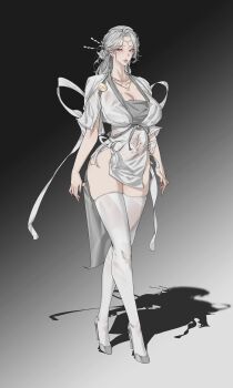 Rule 34 | 1girl, absurdres, breasts, chinese clothes, cleavage, collarbone, dress, facial mark, forehead mark, full body, gradient background, grey background, grey eyes, grey footwear, grey hair, hair ornament, high heels, highres, jewelry, large breasts, long hair, looking at viewer, navel, necklace, original, parted lips, shadow, shan3143311380, solo, standing, thighhighs, white hair, white thighhighs