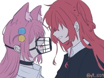 2girls alternate_costume animal_collar animal_ears black_shirt bocchi_the_rock! collar commentary_request cube_hair_ornament dog_ears extra_ears gotoh_hitori hair_ornament highres kita_ikuyo long_hair multiple_girls muzzle_(mask) no_eyes pink_hair red_hair shirt side_ahoge side_ponytail simple_background smile tongue tongue_out twitter_username white_background white_shirt y9_1229 yuri