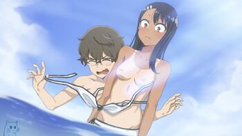 1boy 1girl black_hair blush breasts brown_eyes closed_eyes glasses hachiouji_naoto ijiranaide_nagatoro-san keihh long_hair medium_breasts nagatoro_hayase nipples ocean short_hair sky small_breasts tan wardrobe_malfunction