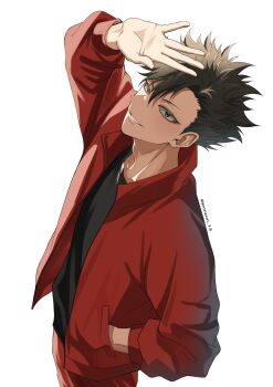 1boy black_hair black_shirt brown_eyes commentary_request crew_neck haikyuu!! hand_in_pocket highres jacket kuroo_tetsurou long_sleeves looking_at_viewer male_focus medium_sideburns pants ponzun_13 popped_collar red_jacket red_pants shirt simple_background smile solo spiked_hair track_jacket white_background